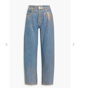 FRAME Coated metallic high-rise barrel-leg jeans Size 28